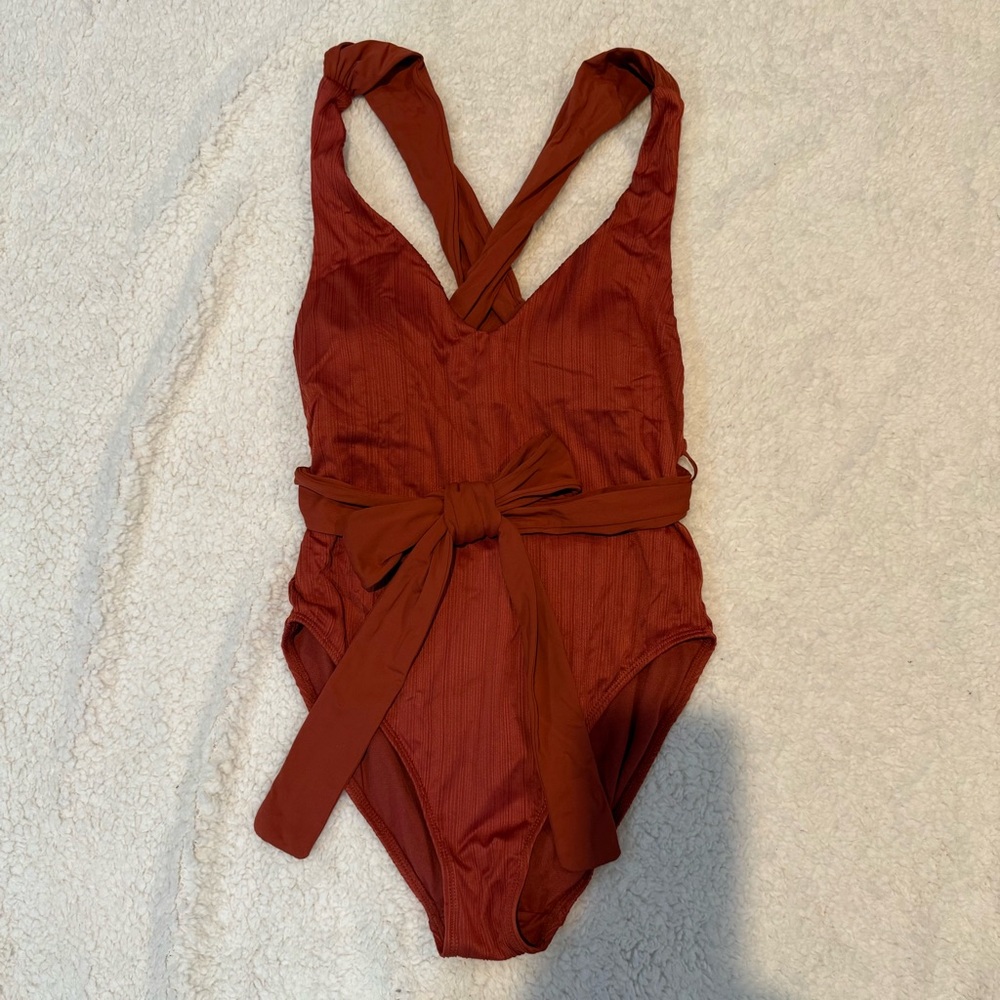Rust Red One-Piece Swimsuit with Waist Tie